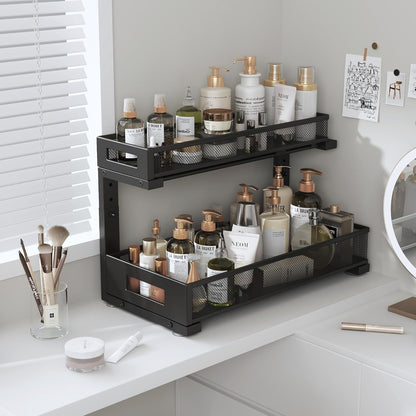 2-Pack Under Sink Storage Organizer, Large 2-Tier Elegant Mesh Pull Out Shelf for Kitchen and Bathroom Cabinet Organization, L-Shaped and Adjustable Height Design,Patent Pending-Black