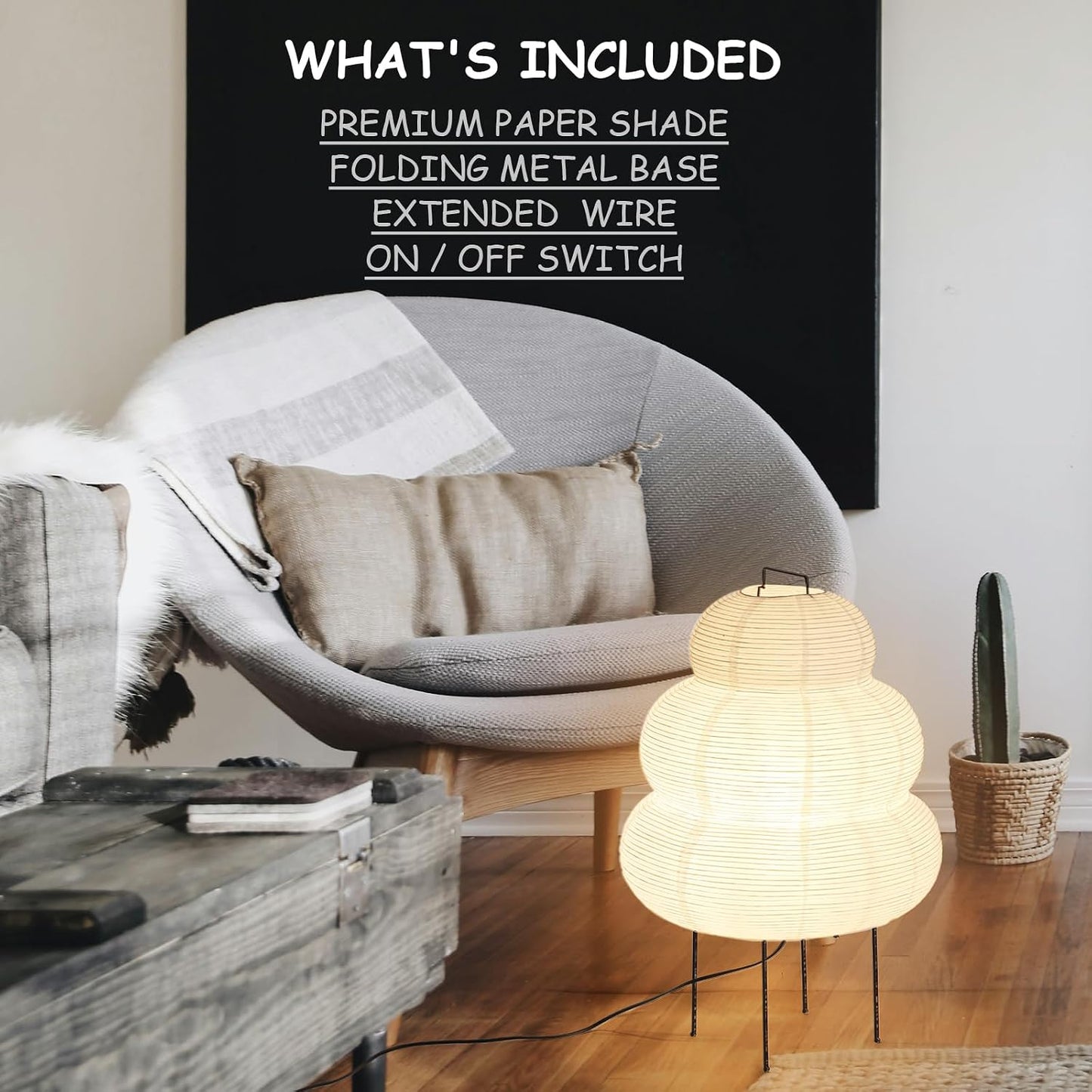 Noguchi Paper Floor Lamp, Akari Rice Paper Floor Lamp for Wabi Sabi Decor, Ideal for Bedside, Living Room, and Japandi Décor (Noguchi Style Lamp)