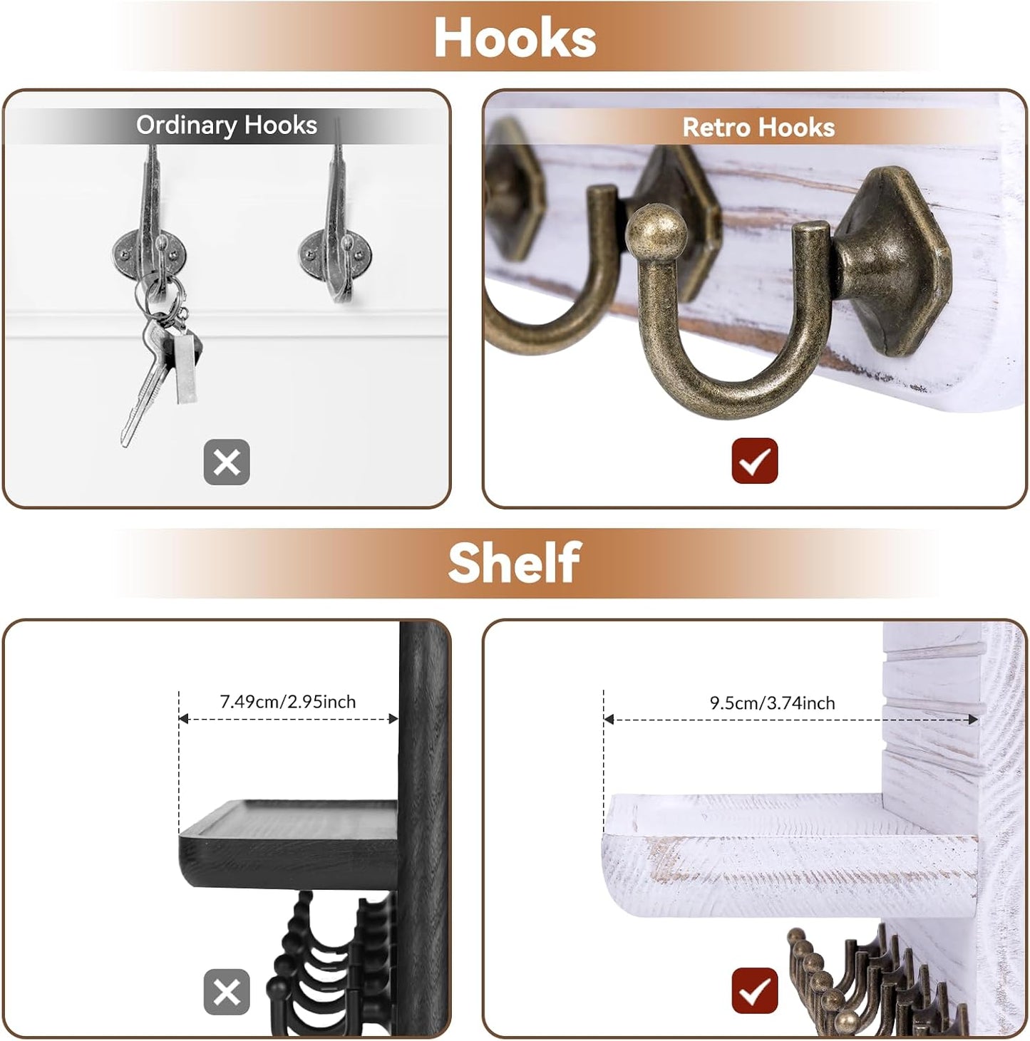 Key Holder for Wall, Mail Organizer Wall Mount with 6 Hooks Wooden Hanging Key Rack for Home Decor, Hallway, Entryway (Brown)