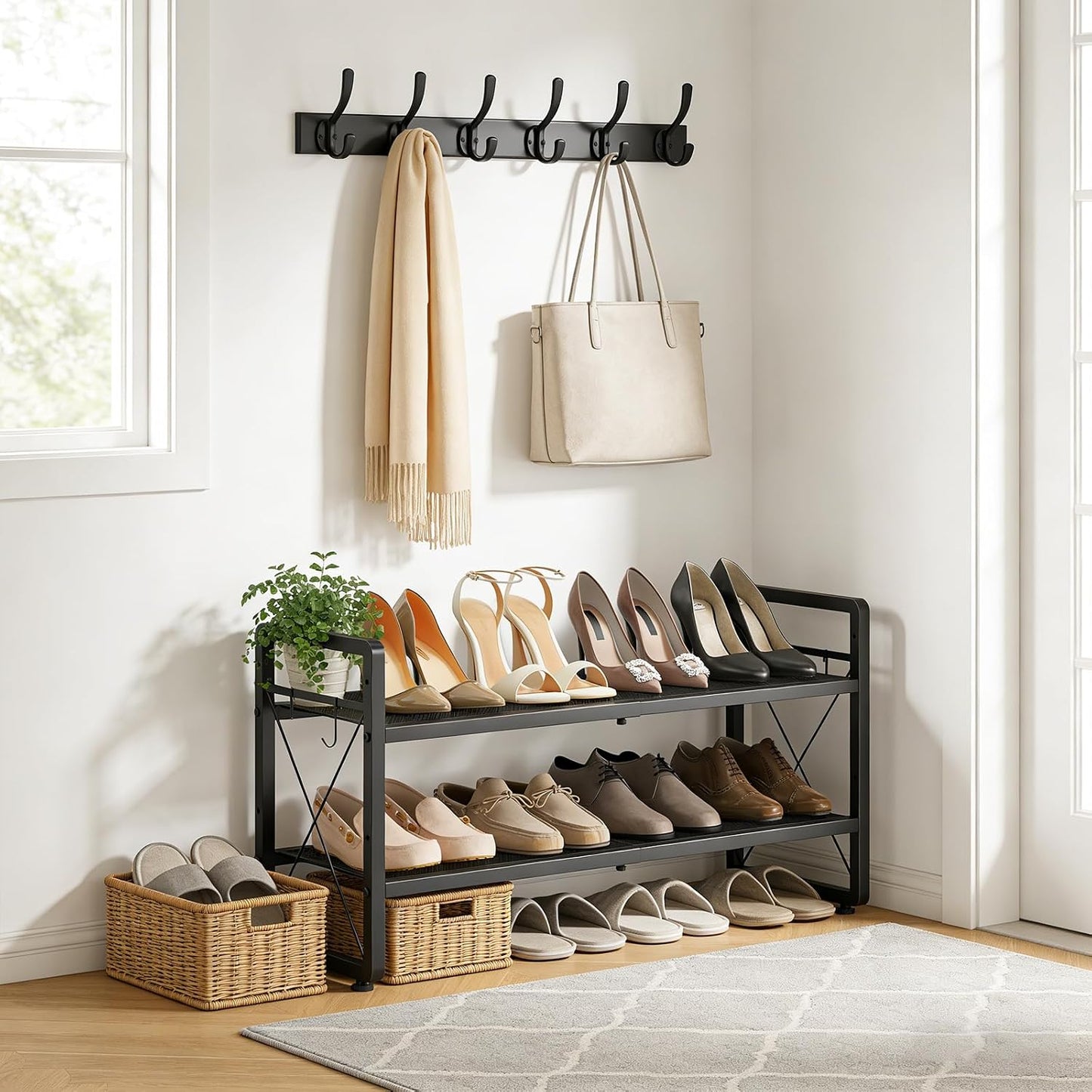 ELYKEN Shoe Rack, 2-Tier Expandable Shoe Organizer for Closet, Metal Black Shoe Shelf with 4 Hooks, Adjustable Shoe Stand Holder for Entryway, Garage, Door Entrance