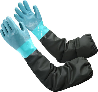 27" Full Arm Pond Gloves, Long Heavy Duty Gloves with Cotton Lining, Waterproof Rubber Chemical Resistant Glove