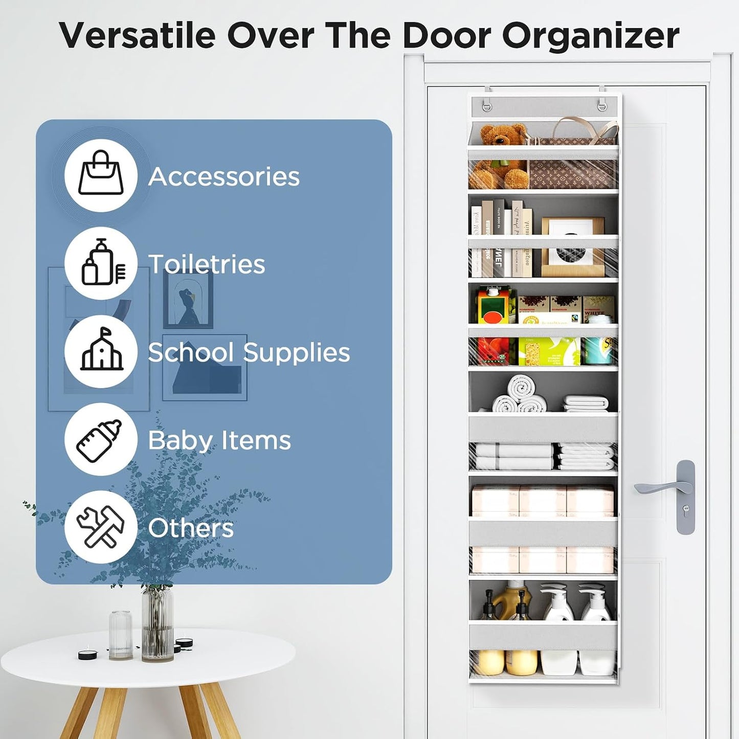 6 Tiers Over The Door Organizer, Heavy Duty Hanging Organizer Storage with Large Capacity Pockets, Behind Door Storage Hanging Shelves for Closet Wall Bathroom Bedroom Nursery Pantry, 1 Pack Grey