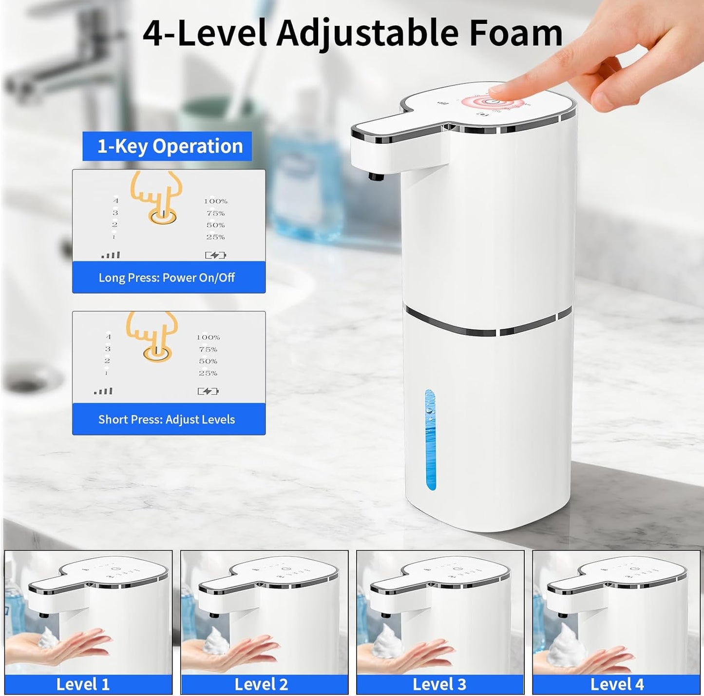 Automatic Foaming Soap Dispenser, Touchless Hand Soap Dispenser, USB Rechargeable, 4 Adjustable Levels, 14.2 oz (420 ml) Large Capacity, for Bathroom, Kitchen & School (Black, Foaming)