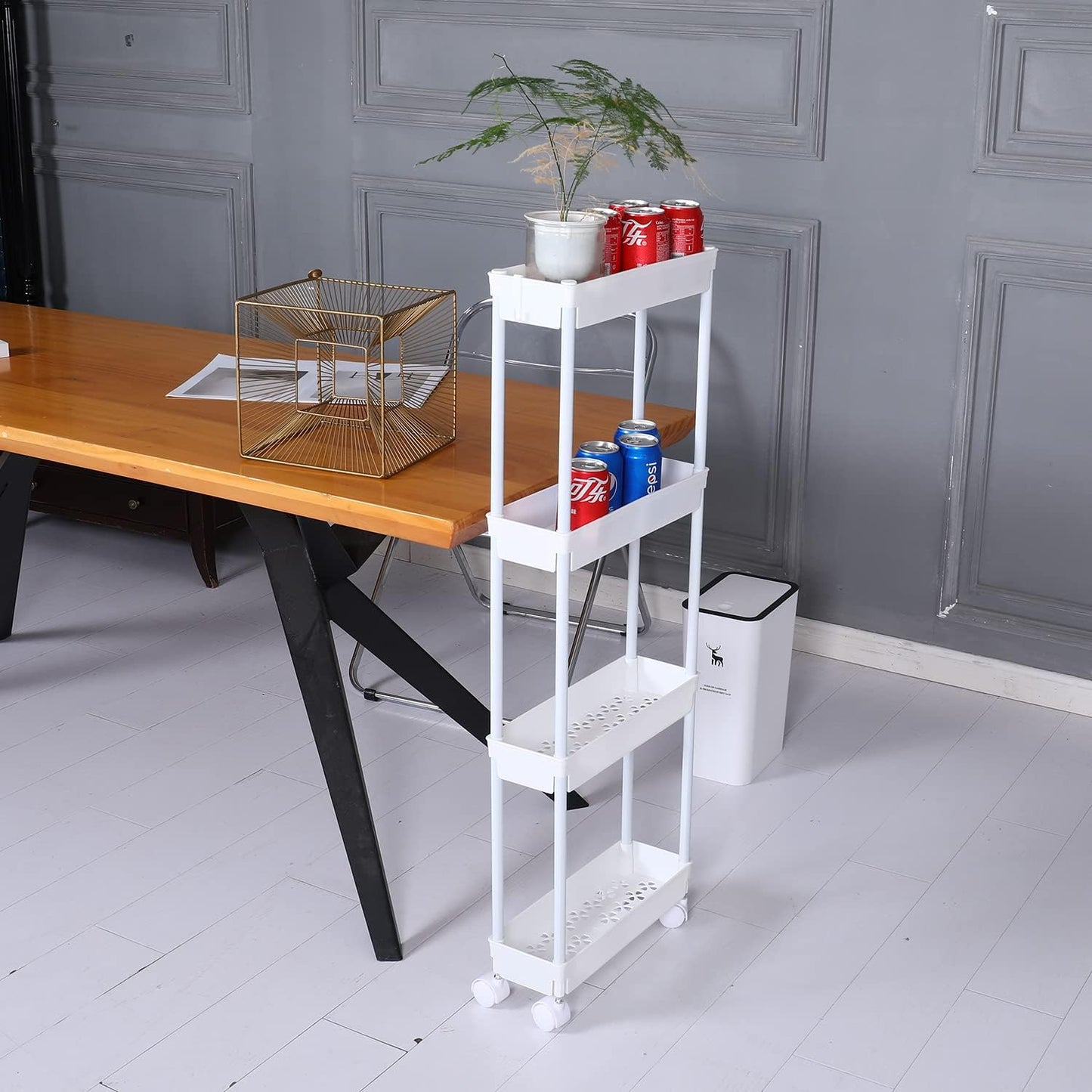 Sooyee 3 Tier Rolling Cart with Wheels, Slim Storage Cart, Under Desk Narrow Rolling Utility Cart Storage Organizer for Office Bathroom Kitchen Laundry Room Narrow Places, White, Plastic and Metal