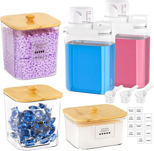 Homde Clear Laundry Detergent Dispenser: 3+2 Pack Reusable Pods Container with Lids for Dryer Balls - Plastic Sheets Holder Set for Scent Booster