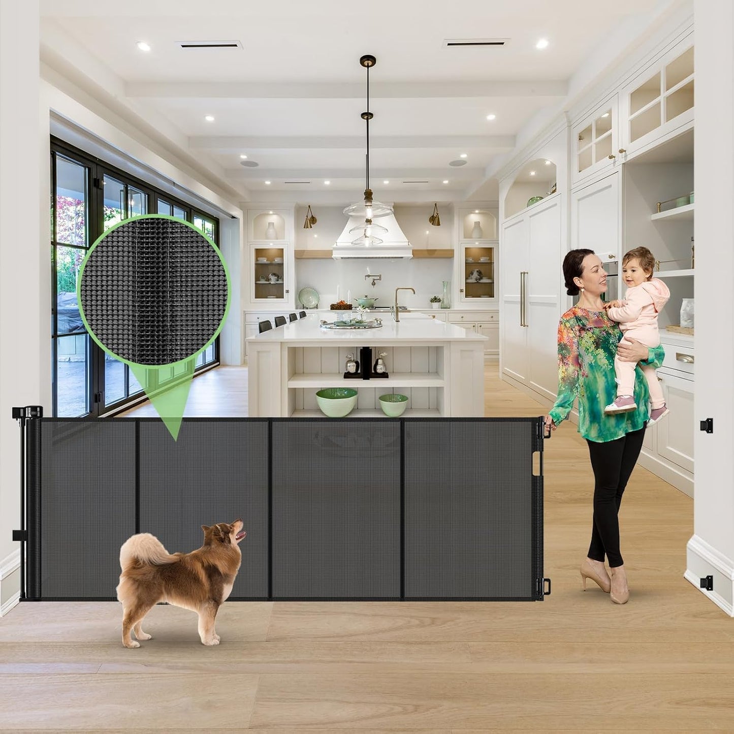 Reinforced 60" Wide Retractable Baby Gates with Upgraded Rods - Bottom Anti-Escape, 5 ft Mesh Baby Gate Retractable Dog Gate Indoor Pet Gate Retractable Stair Gate Outdoor Retractable Gate, Black