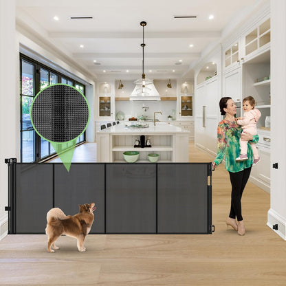 Reinforced 60" Wide Retractable Baby Gates with Upgraded Rods - Bottom Anti-Escape, 5 ft Mesh Baby Gate Retractable Dog Gate Indoor Pet Gate Retractable Stair Gate Outdoor Retractable Gate, Black