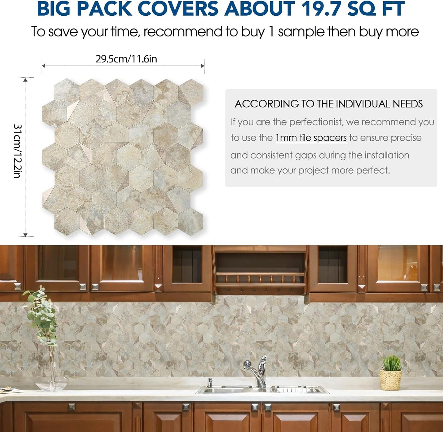 10-Sheet Heavy-Duty Hexagon Peel and Stick Backsplash, Thick Waterproof &Heat Resistant Stick on Wall Tiles, Slate Beige Mosaic for Kitchen & Bathroom, Strong Adhesive Permanent PVC Tiles
