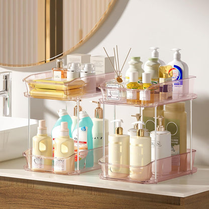 Delamu 2-Tier Under Sink Organizers and Storage, Multi-Purpose Stackable Bathroom Cabinet organizers, Pull Out Kitchen Pantry Organization and Storage with Dividers(2 Pack, Clear)