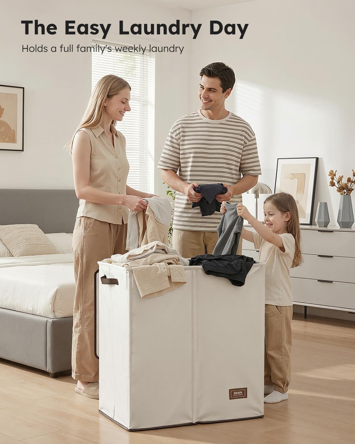 SOLEDI Luxury Double Laundry Hamper with Lid and Removable Bags, 38.3 Gal Large Laundry Bin, Laundry Basket 2 Sections, Collapsible Clothes Hamper for Bedroom, Laundry Room, Bathroom, Off-white