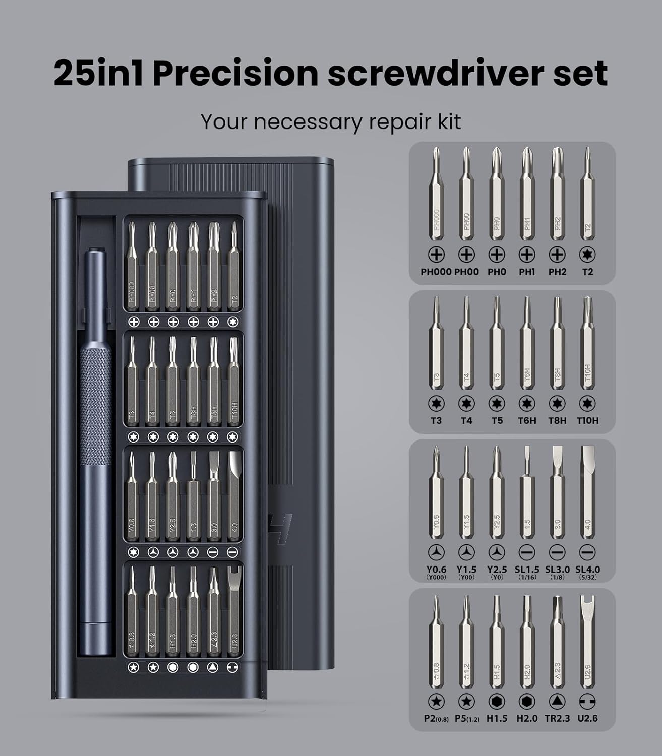 AXTH 25-in-1 Small Precision Screwdriver Set, Professional Magnetic Mini Repair Tool Kit for Phone, Computer, Watch, Laptop, Macbook, Ring Doorbell, Eyeglass, Electronic, [Bearing Steel] Screw Driver
