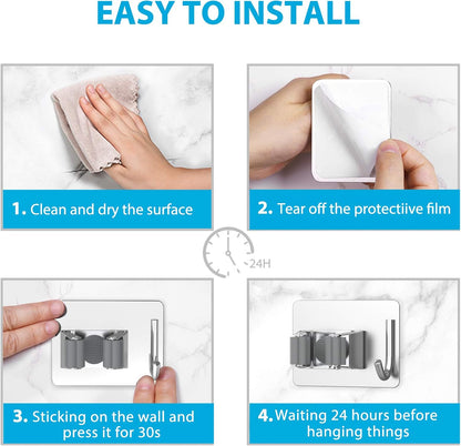 homeasy Mop Broom Holder No Drill, Mop Broom Organizer Wall Mounted Heavy Duty with Hooks Hanger, Self Adhesive Stainless Steel 4Pcs for Bathroom, Kitchen, Office (Silver)