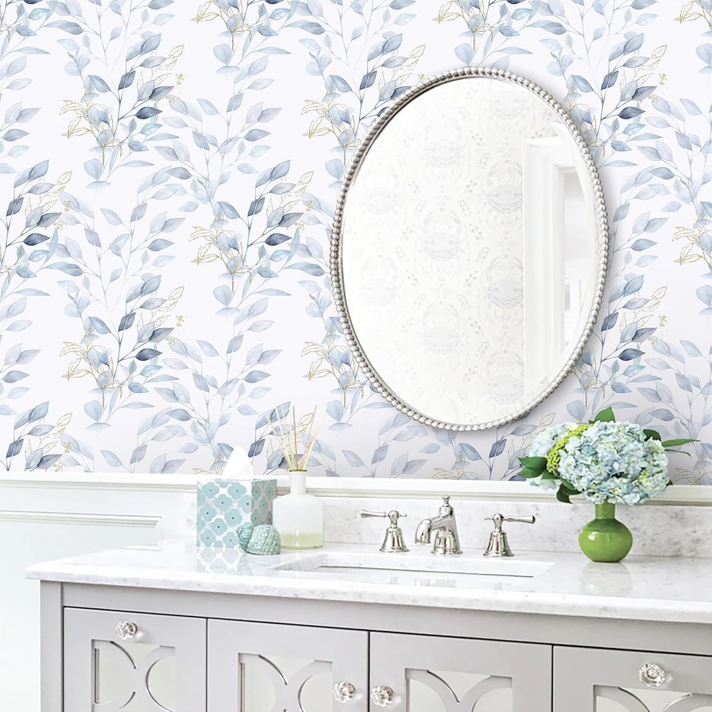 HeloHo Peel and Stick Wallpaper Blue Floral Leaf Wall Paper Self Adhesive Removable Thicken Waterproof Contact Paper for Bathroom Bedroom Living Room Decor Renter Friendly Wallpaper 15.35" X 78.7"