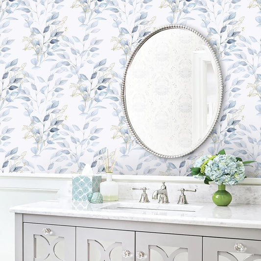 HeloHo Peel and Stick Wallpaper Blue Floral Leaf Wall Paper Self Adhesive Removable Thicken Waterproof Contact Paper for Bathroom Bedroom Living Room Decor Renter Friendly Wallpaper 15.35" X 78.7"