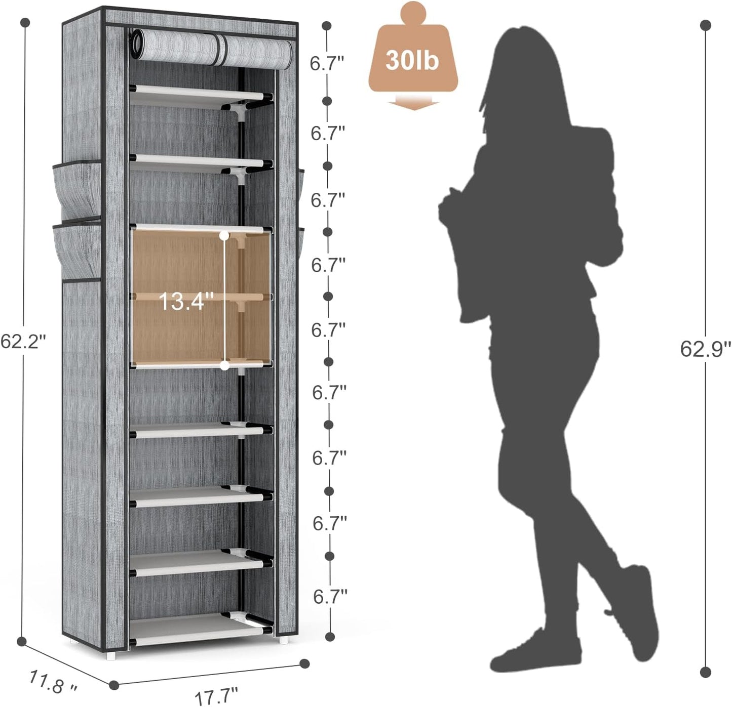 VILICK Shoe Rack with Cover Narrow Shoe Organizer with 4 Side Pockets 10 Tier Tall Shoe Storage Holds 18-22 Pairs Shoes and Boots Shoe Rack for Closet Entryway Garage
