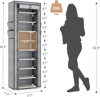 VILICK Shoe Rack with Cover Narrow Shoe Organizer with 4 Side Pockets 10 Tier Tall Shoe Storage Holds 18-22 Pairs Shoes and Boots Shoe Rack for Closet Entryway Garage