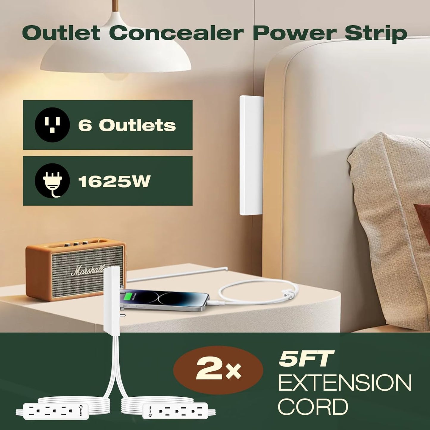 Saker Outlet Concealer Power Strip | 5ft Flat Plug Extension Cord with 3 Outlets,1625W | Universal Size Outlet Cover Baby Proofing | Cover Extension Cord for Kitchen, Home and Office