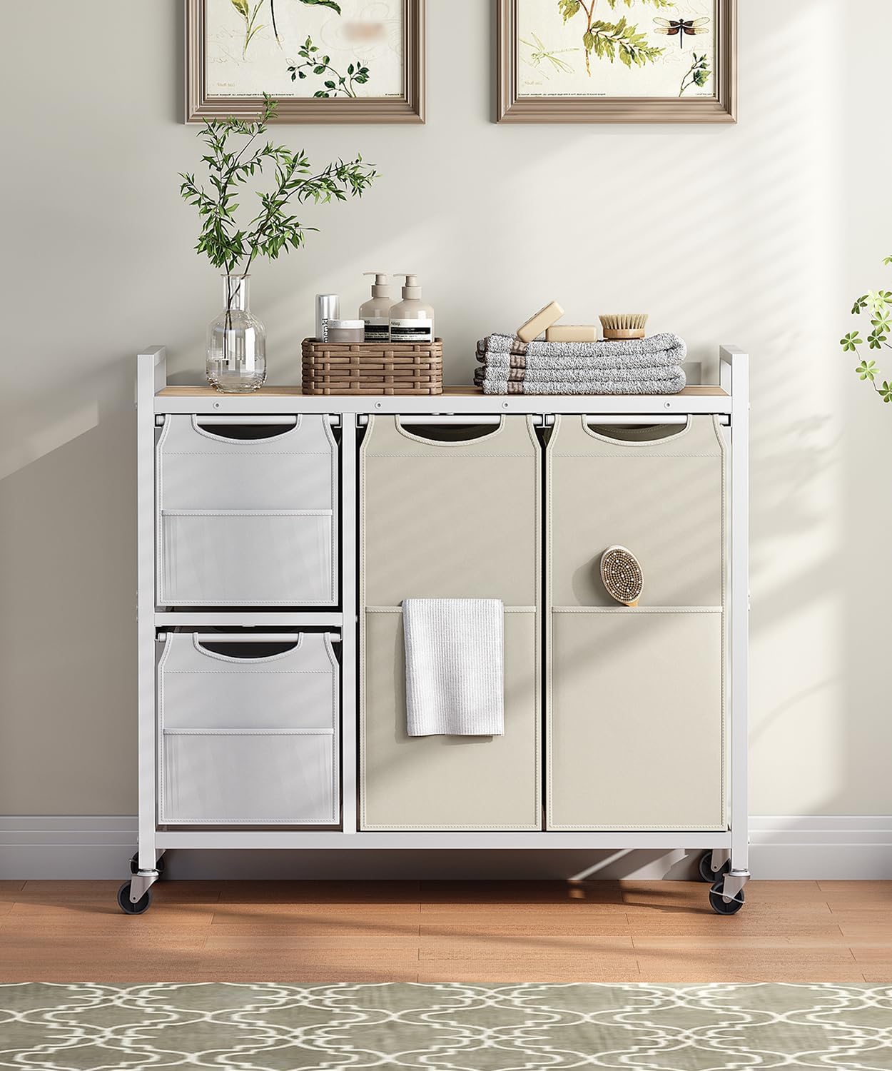 HOOBRO Laundry Sorter with 4 Section, 34 Gal. (127 L) Laundry Hamper with Wheels, Rolling Laundry Basket with Shelves, Pull-Out Detachable Bags, Side Pockets, White, Natural and Beige WNE14XY01N1