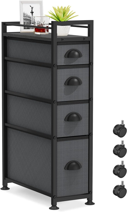 LASZOLA 5 Drawer Narrow Dresser Slim Cabinet Skinny Storage Tower Chest, Ideal for Small Spaces Bathroom, Between Washer and Dryer, Lightweight Mobile on Wheels, Sturdy Fabric Drawers, Black