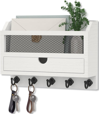 Nekon Key and Mail Holder for Wall, Key Organizer with 5 Hooks & Storage Drawer, 11" W x 7.9" H x 3.1" D Wooden Key Rack for Entryway and Home Decor (Black)