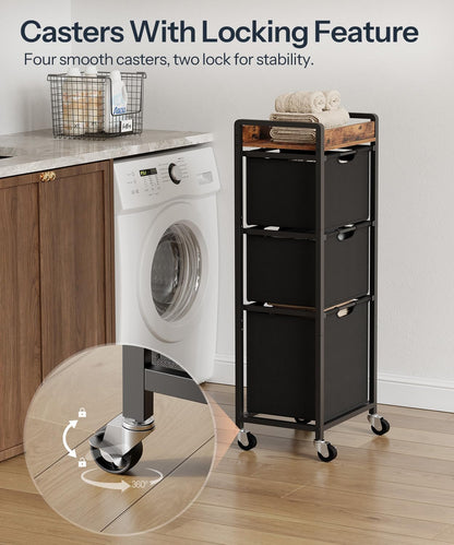 HOOBRO Vertical Laundry Hamper with Wheels, Slim 3 Section Laundry Sorter, Space Saving Rolling Laundry Cart with Removable Bags & Shelf, Laundry Basket for Bathroom, Bedroom, Rustic Brown