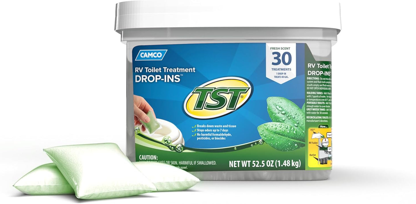Camco TST MAX RV Toilet Treatment Drop-INs - Control Unwanted Odors and Break Down Waste and Tissue - Septic Tank Safe - Lavender Scent - 30-pack (41553)