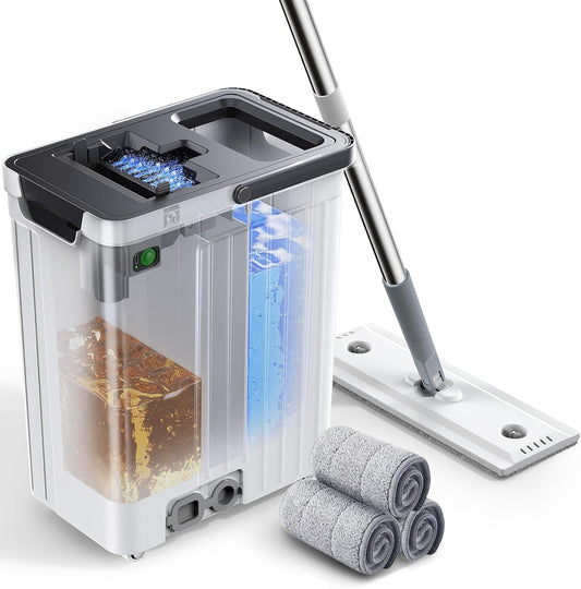 Mop and Bucket Set | Auto-Spray Cleaning | Dirty Water Separation Keep Water Fresh | Flat Mop & Bucket with Wringer | 3x Washable Pads | High-efficiency Cleaning for All Floors Tile Wall Window