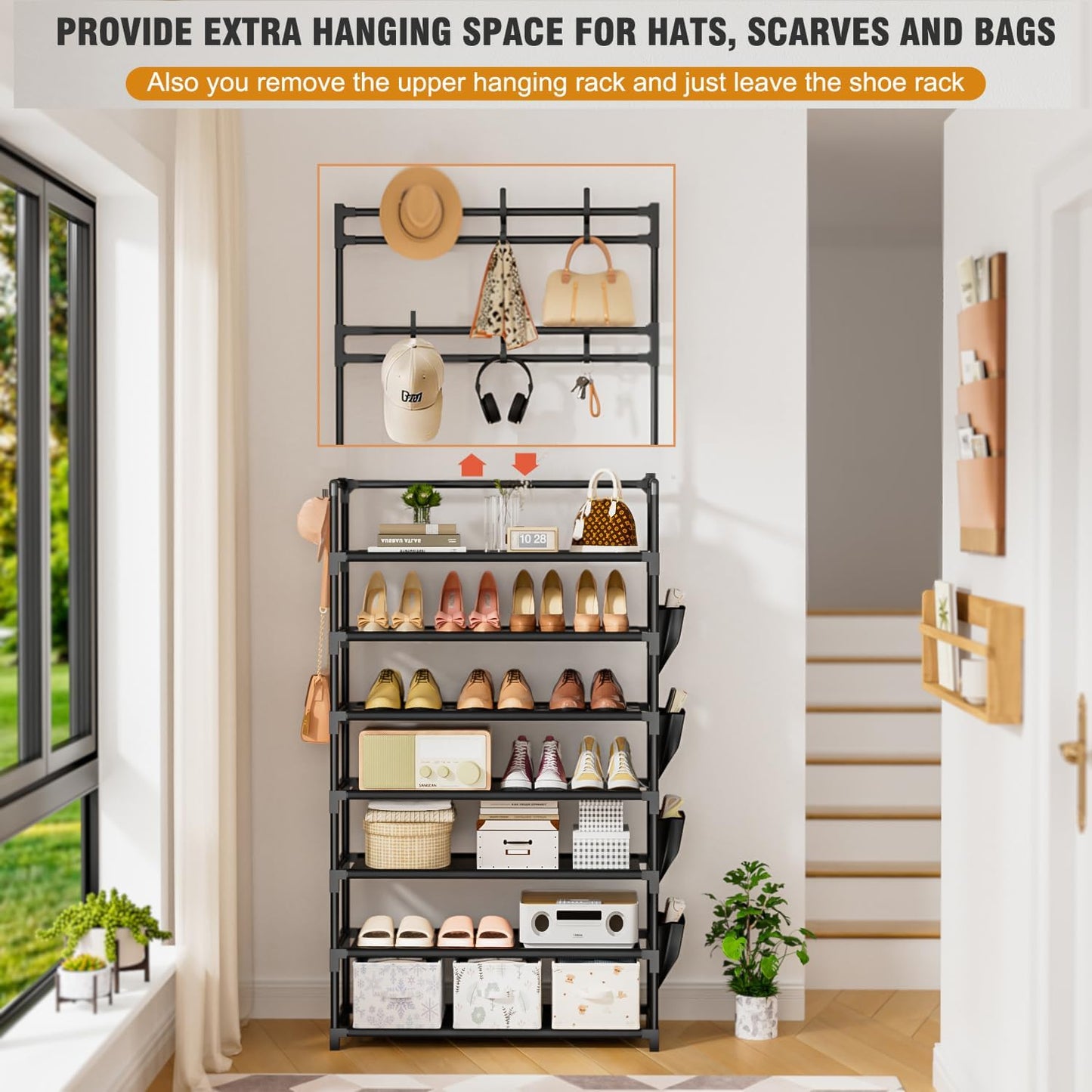 OYREL Shoe Rack 5 Tier Shoe Organizer Storage 15-20 Pairs Shoes Rack for Closet Entrance Shoe Rack Organizer with Hooks and Side Pocket Entryway Shoe Holder Space Saving Free Standing Shoe Racks