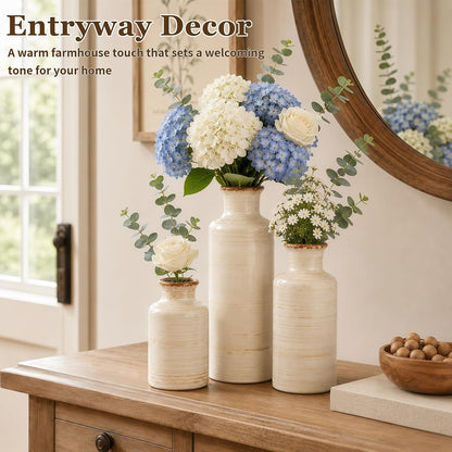 TBWIND Ceramic Vases Set of 3, Neutral Pottery Rustic Farmhouse Flower Vase | Small Decorative Flower Vases Modern Home Decor for Table Mantel Entryway Bookshelf Living Room Kitchen Bedroom