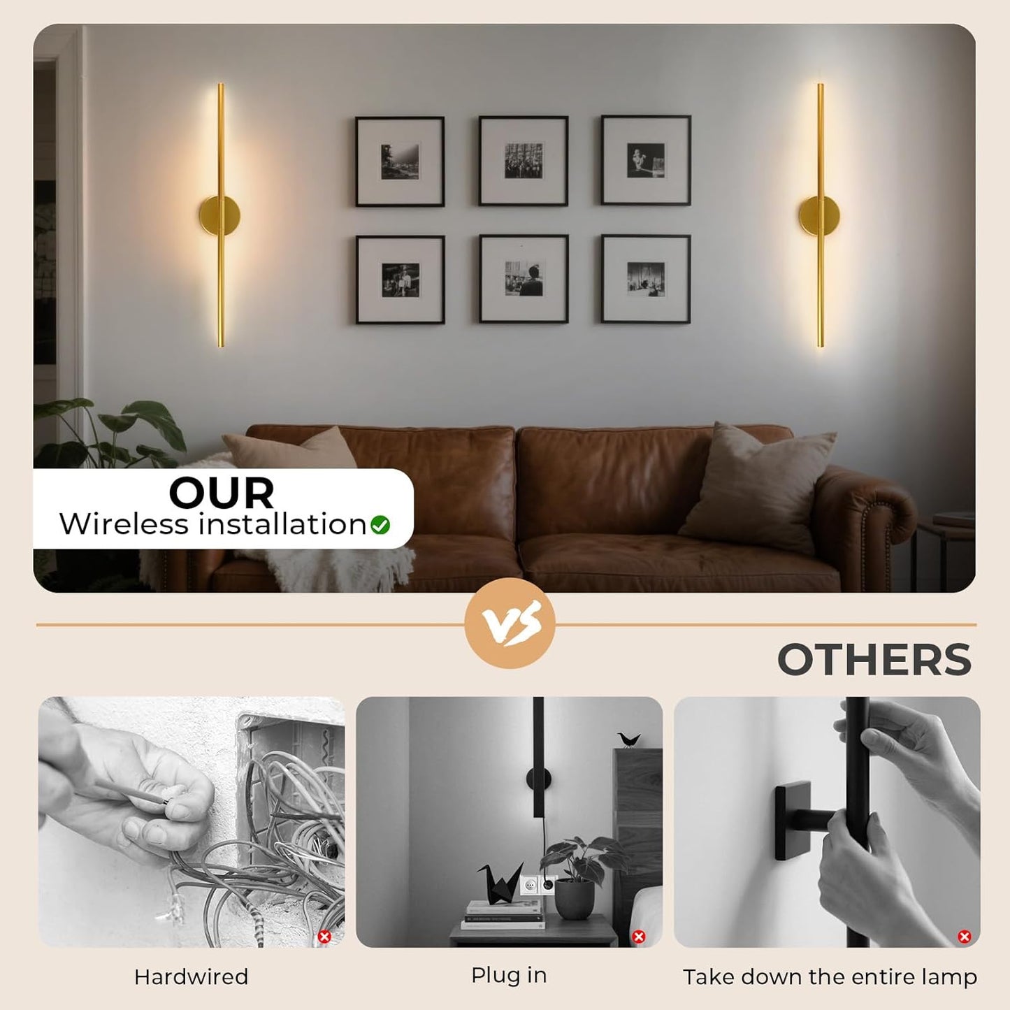GvvooHome Battery Operated Wall Sconces Set of 2, Detachable 360°Rotate Wall Lamps, 3000-6500K Dimmable with Remote Control, 10000mAh Rechargeable Wall Light for Bedroom, Living Room, 28.3" Black Gold