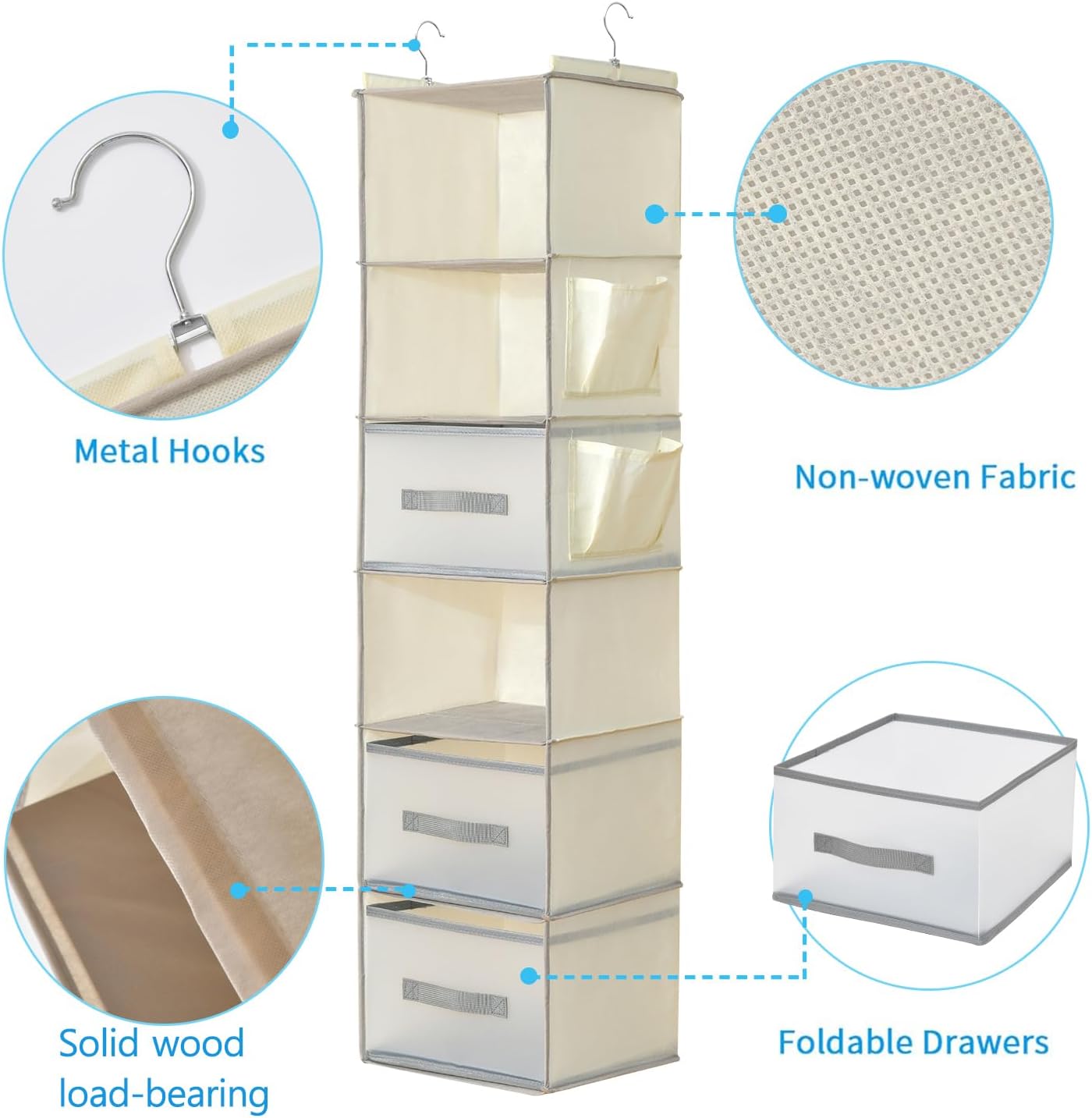 6-Shelf Hanging Closet Organizer with 3 Drawers & Side Pockets, Gray | Non-woven fabric, tool-free setup, ideal for bedrooms/dorms/RVs, 3 foldable transparent drawers for easy access