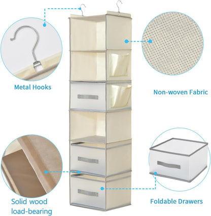 6-Shelf Hanging Closet Organizer with 3 Drawers & Side Pockets, Gray | Non-woven fabric, tool-free setup, ideal for bedrooms/dorms/RVs, 3 foldable transparent drawers for easy access