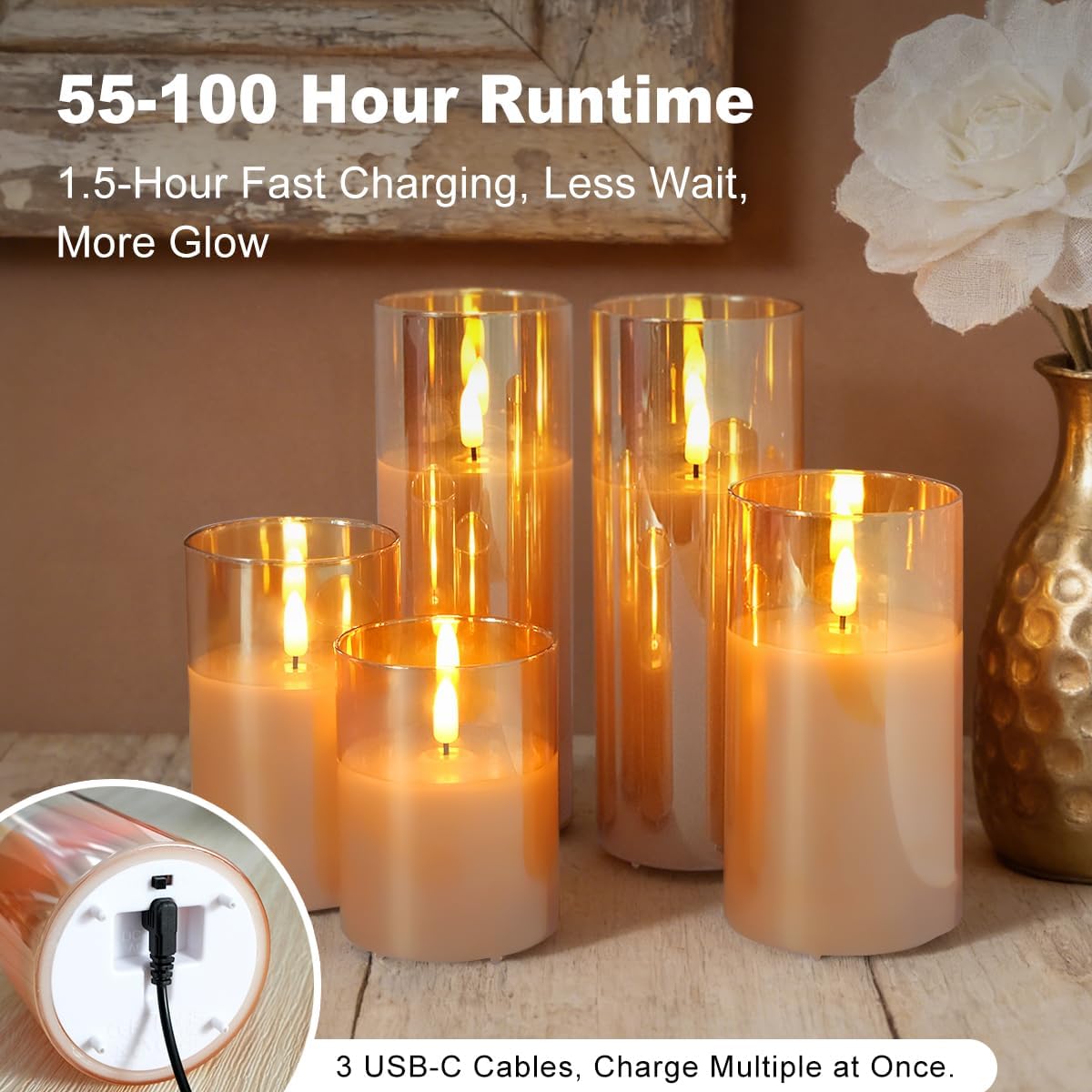 LEDHOLYT Rechargeable Flameless Glass Pillar Candles–Gifts for Women,–Set of 3, Realistic Flickering LED Light,Remote & Timer, Ideal for Living Room, Bedroom & Festival Wedding Home Party Decor