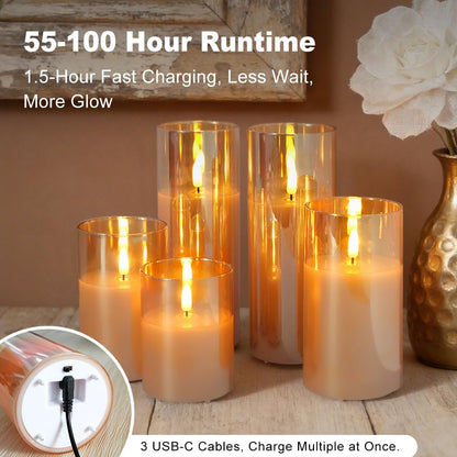 LEDHOLYT Rechargeable Flameless Glass Pillar Candles–Gifts for Women,–Set of 3, Realistic Flickering LED Light,Remote & Timer, Ideal for Living Room, Bedroom & Festival Wedding Home Party Decor