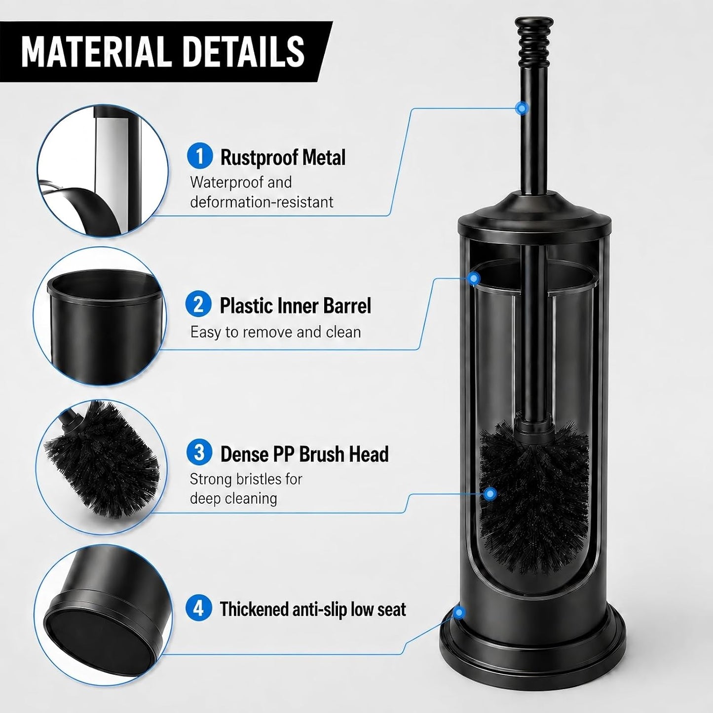 Nickel Toilet Brush and Holder Set，Extra Long Handled Toilet Bowl Brush and Holder，Stainless Steel Heavy Duty Toilet Brush for Bathroom,Deep Cleaning Modern Toilet Cleaner Slip Base