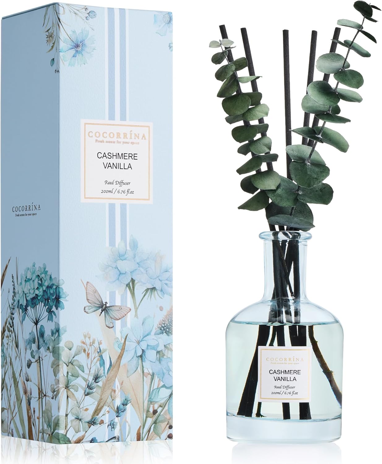 COCORRÍNA Wild Mint & Eucalyptus Reed Diffuser – 6.76 oz Essential Oil with 8 Reeds & Real Eucalyptus Sticks, Home Fragrance for Bedroom or Bathroom Décor