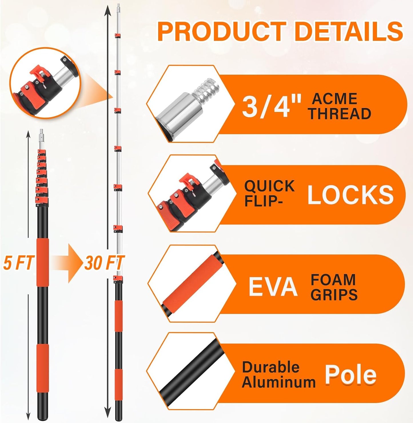 26FT High Reach Duster with Extension Pole 5-20FT, 4-in-1 Cleaning Kit with Universal Swivel Joint | High Ceiling Fan Cleaner, Cobweb Duster & Window Squeegee for Safe High-Reach Cleaning