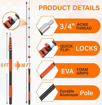 26FT High Reach Duster with Extension Pole 5-20FT, 4-in-1 Cleaning Kit with Universal Swivel Joint | High Ceiling Fan Cleaner, Cobweb Duster & Window Squeegee for Safe High-Reach Cleaning