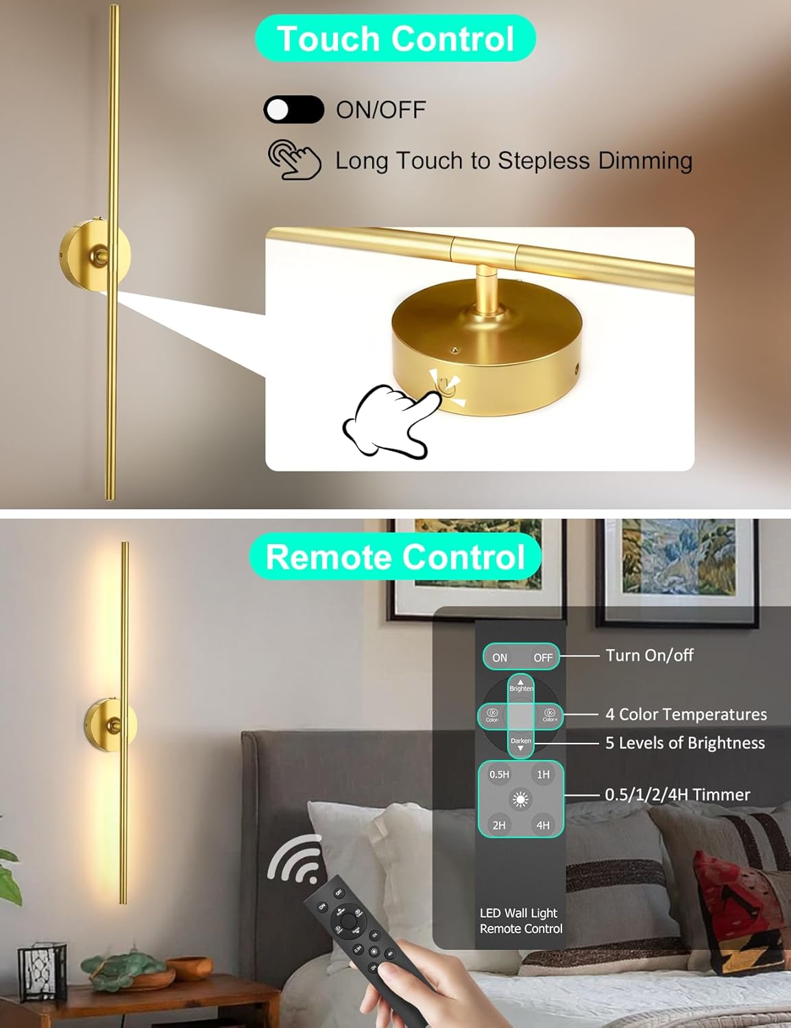 Battery Operated Wall Sconces Set of 2: 10000mAh Rechargeable Wall Lights for Living Room, Dimmable LED Wireless Wall Lamp 360° Rotate Modern Home Decor for Bedroom Hallway Picture Lighting Bathroom