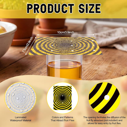 100 Pack Fruit Fly Trap Covers, Single-Sided Sticky Paper Lids, 8 Vent Holes for Vinegar/Wine Bait, Fits Cups & Jars for Indoor Kitchen & Pantry Gnat Control (Round,Yellow)