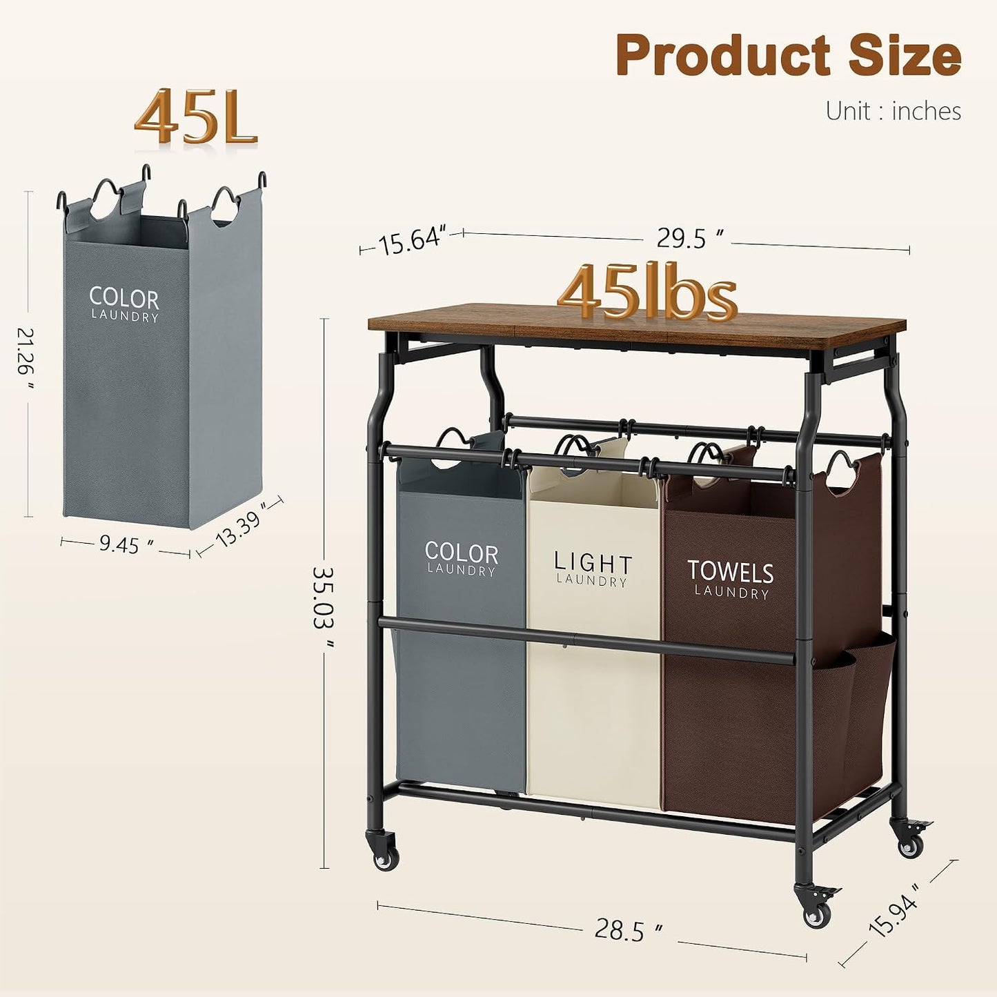 Hoctieon 3 Section Laundry Sorter Cart with Ironing Board, Laundry Hamper with Shelf and Rolling Wheels, Heavy Duty Laundry Basket Organizer, Large Clothes Separator Hamper with Removable Bags, Black