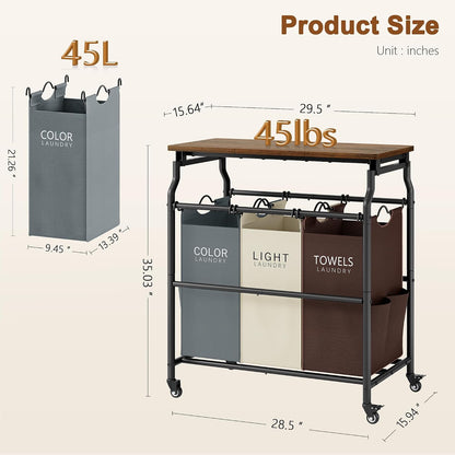 Hoctieon 3 Section Laundry Sorter Cart with Ironing Board, Laundry Hamper with Shelf and Rolling Wheels, Heavy Duty Laundry Basket Organizer, Large Clothes Separator Hamper with Removable Bags, Black