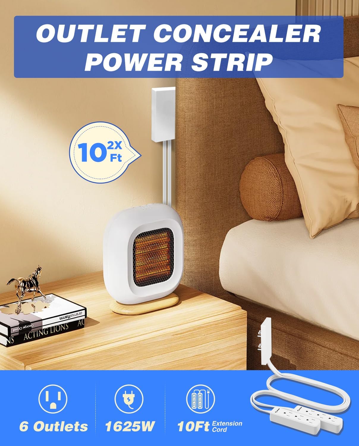 Saker Outlet Concealer Power Strip | 5ft Flat Plug Extension Cord with 3 Outlets,1625W | Universal Size Outlet Cover Baby Proofing | Cover Extension Cord for Kitchen, Home and Office