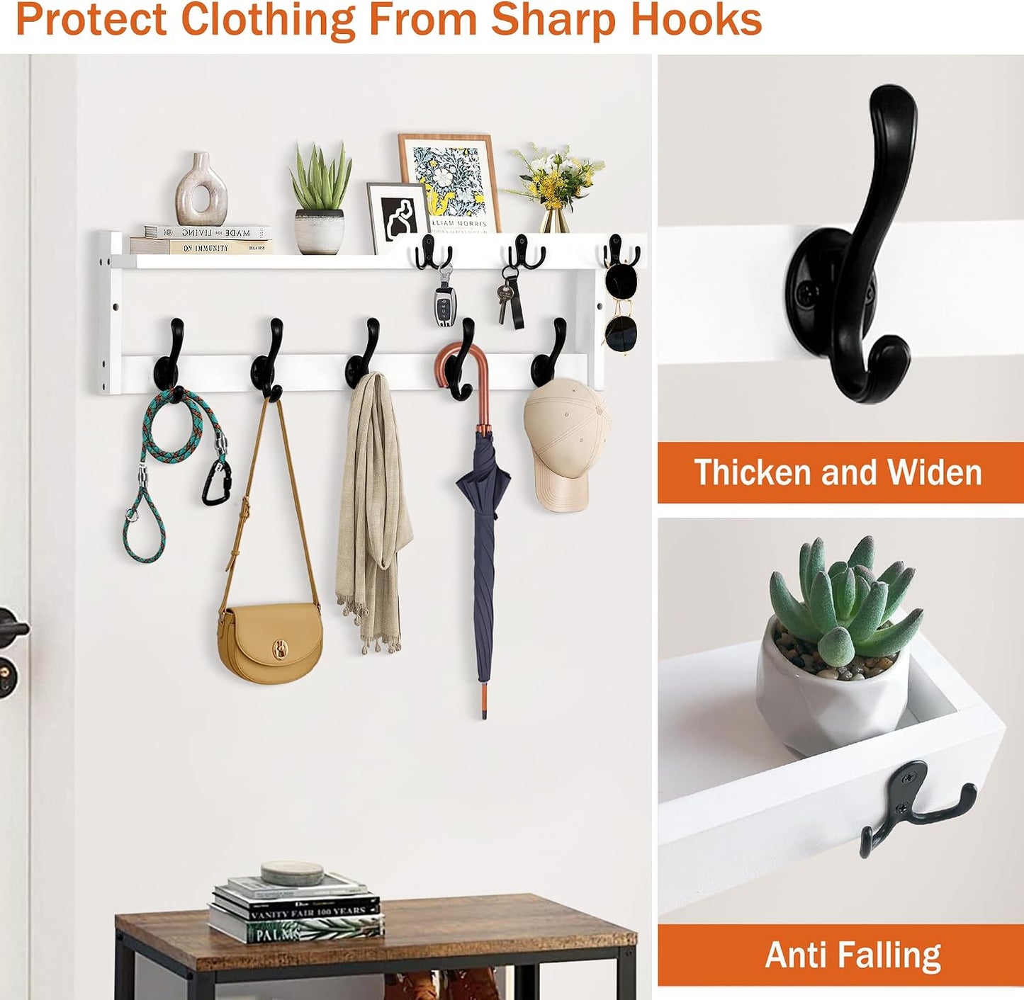 dreampossible Coat Rack Wall Mount with Shelf, Coat Hanger Wall Mount with Key Hooks and Mail Holder, Wood Entryway Floating Shelf with Hooks and Storage, Hat Rack for Wall Key Holder Mail Organizer