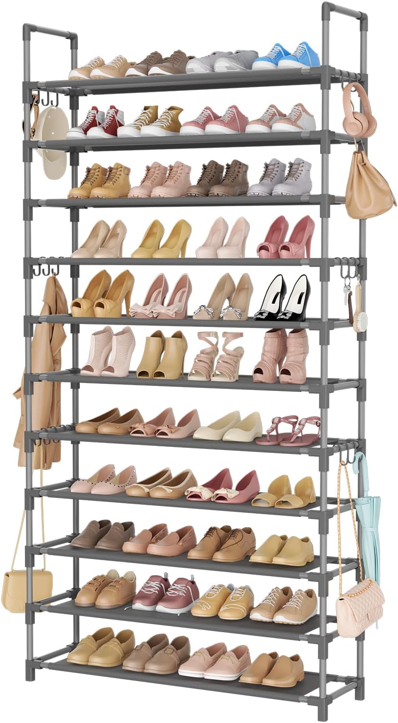 LANTEFUL 10 Tiers Shoe Rack 50 Pairs Large Capacity Tall Shoe Organizer Sturdy Shoe Storage with Two Hooks Space Saving Metal Wide Shoe Rack for Closet, Entryway, Bedroom, Black