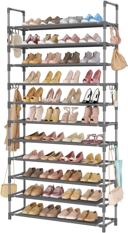 LANTEFUL 10 Tiers Shoe Rack 50 Pairs Large Capacity Tall Shoe Organizer Sturdy Shoe Storage with Two Hooks Space Saving Metal Wide Shoe Rack for Closet, Entryway, Bedroom, Black