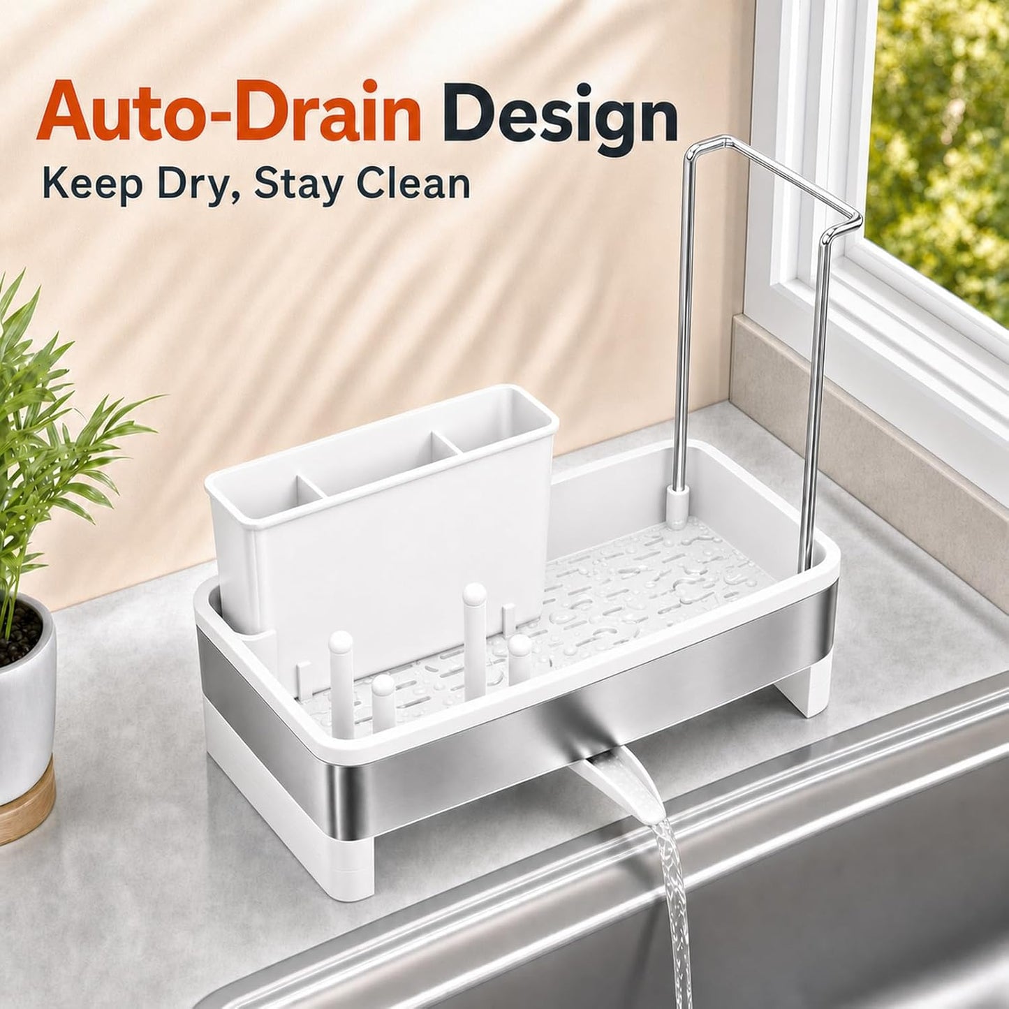 Laveshop Sponge Holder for Kitchen Sink, Rustproof Stainless Steel Sink Caddy with Auto-Drain, Removable Brush Holders, Soap and Dishcloth Organizer, Black