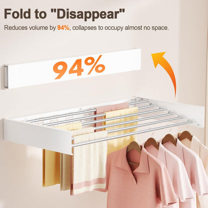 Wall Mounted Clothes Drying Rack Folding Indoor, Foldable Laundry Drying Rack Collapsible,Invisible, Space Saving, Retractable Towel Drying Rack, with Wall Template(5 Drying Rods, White 32")