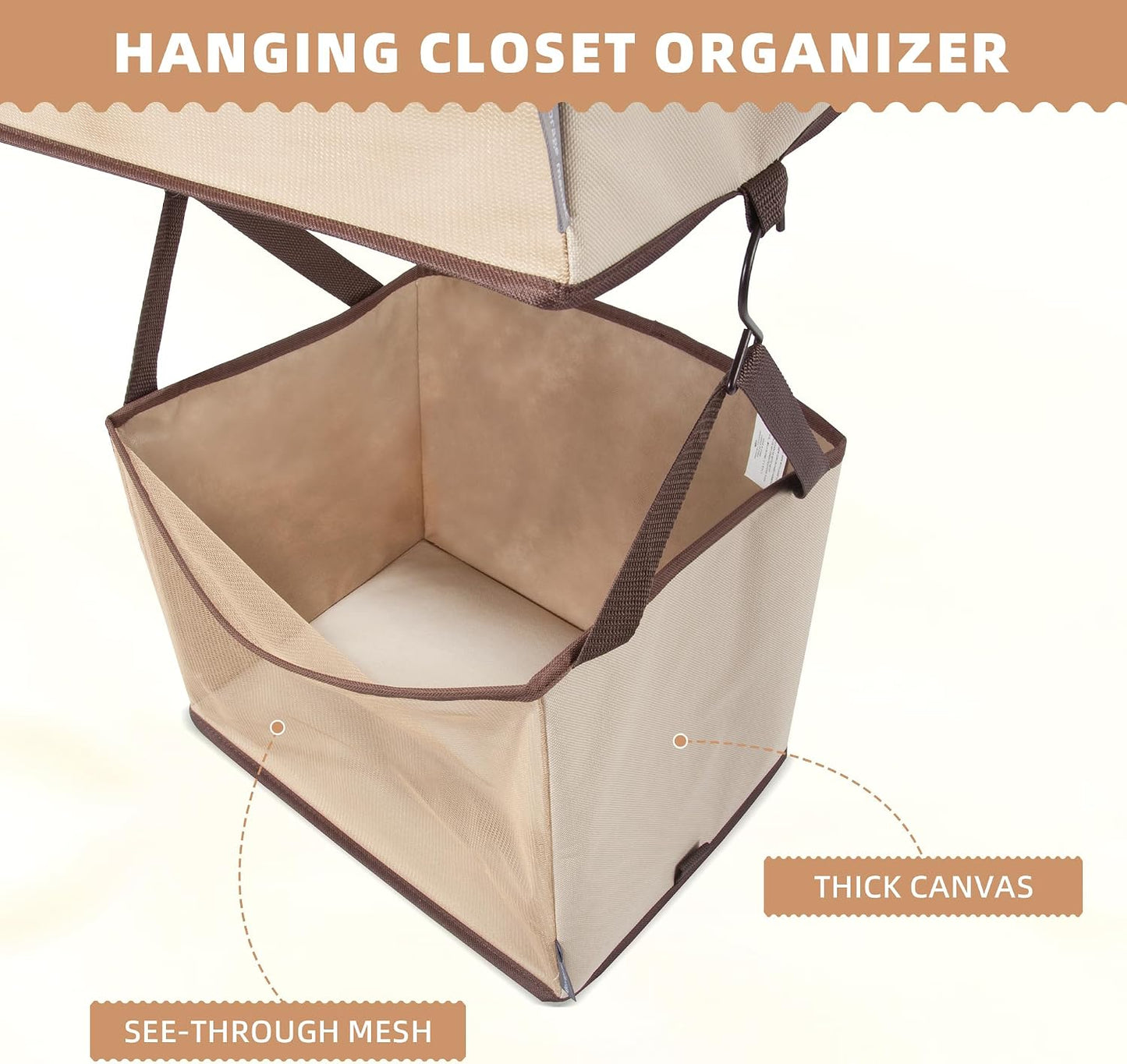 STORAGE MANIAC 2-Tier Hanging Closet Organizer, Fabric Storage Baskets with Hooks, Closet Shelves for Dorm Room, Apartment, Bedroom, Garment Rack & Wardrobe, Ivory