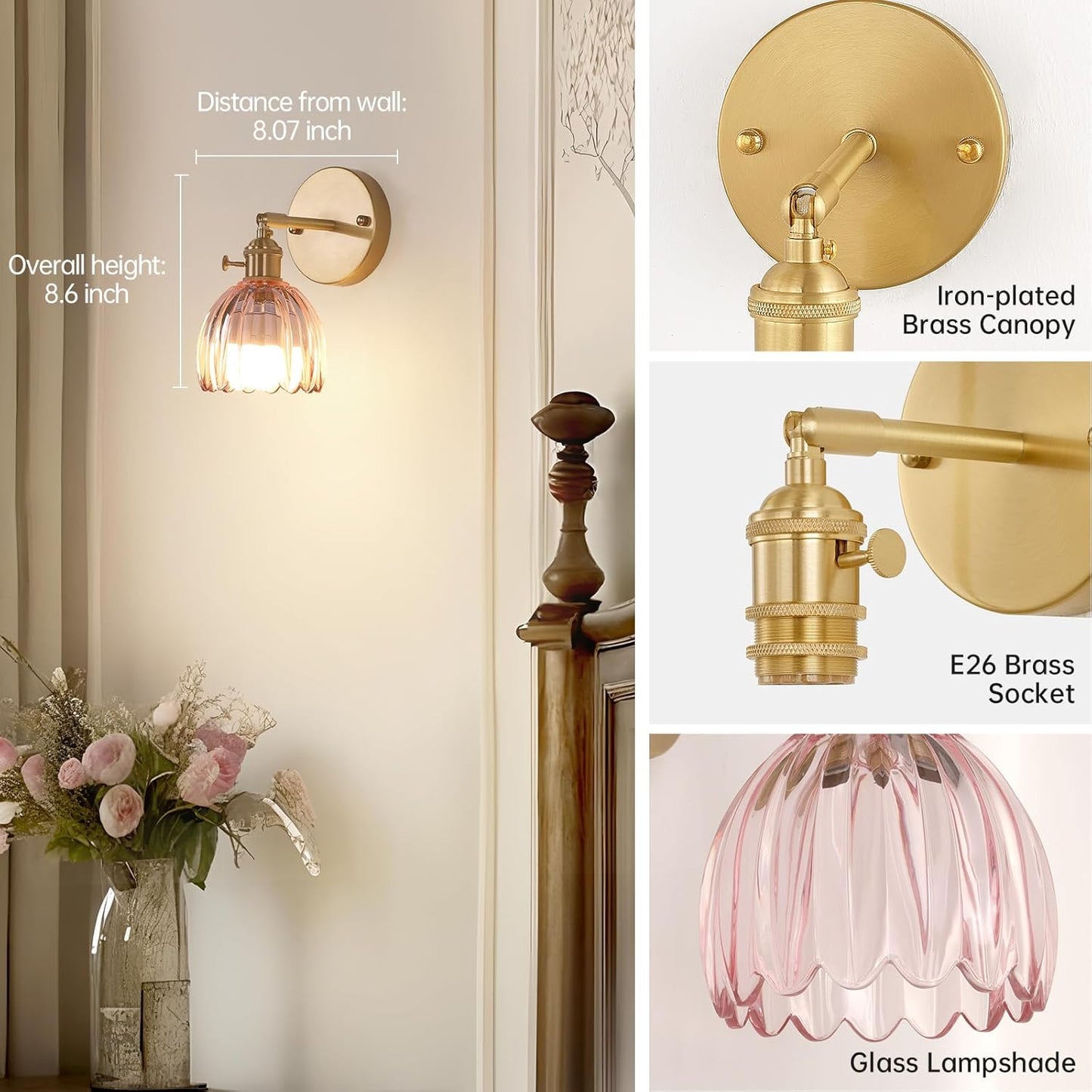 Shenmoyl Vintage Battery Operated Wall Sconce with Transparent Tulip Glass Lampshade Rechargeable Battery Powered Wall Light with Remote Control for Bedside Bedroom Doorway, Set of 2